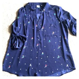 Winter Theme Blouse Skiers and Snowflakes